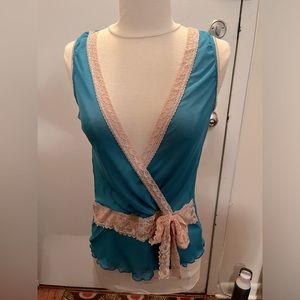 Y2K Wet Seal turq M nylon mesh surplice tank with contrast lace trim.